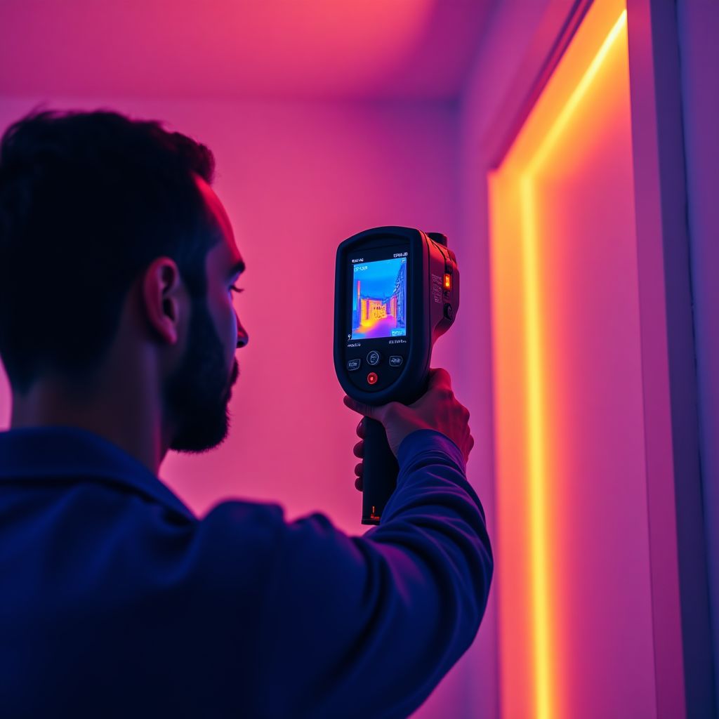 Technicien réalisant un diagnostic thermique avec caméra infrarouge